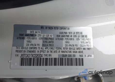 2019 Mazda Cx-9 Touring z USA, uszkodzony, nr VIN JM3TCACY7K0326304